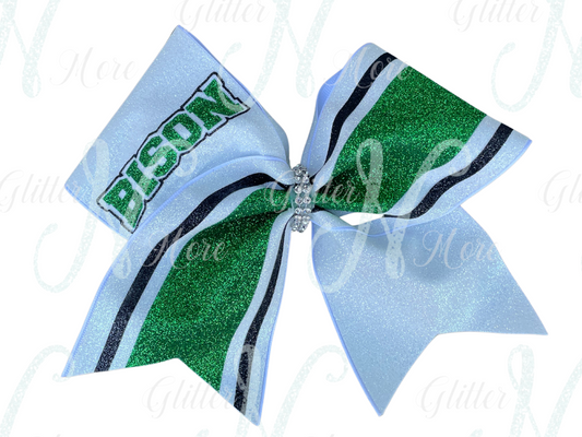 RTS White with Black/Green Stripe BISON Cheer Bow