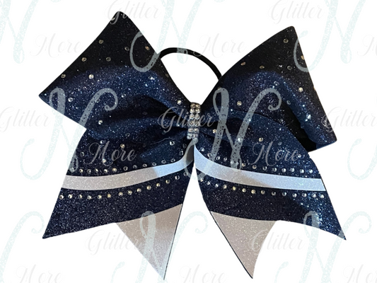 RTS Navy with White Tail Stripe & Rhinestones Cheer Bow