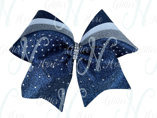 RTS Navy with White/Silver Arch Stripes & Rhinestones Cheer Bow